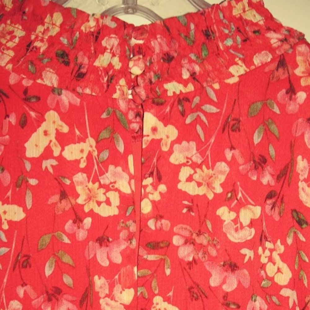 Sam Edelman Orange Coral Floral Sleeveless Smocked Handkerchief Hem dress Sz L - Picture 7 of 15